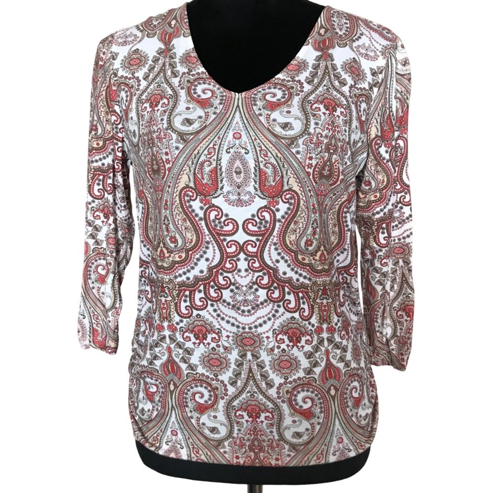 Chico’s Paisley Shirt Ruched Sides V-Neck Top Red Brown Cream Size 1